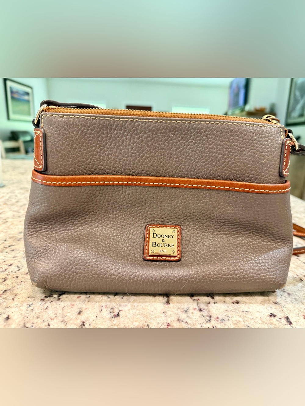 Dooney & Bourke Taupe Pebbled Leather Crossbody with Tan Trim